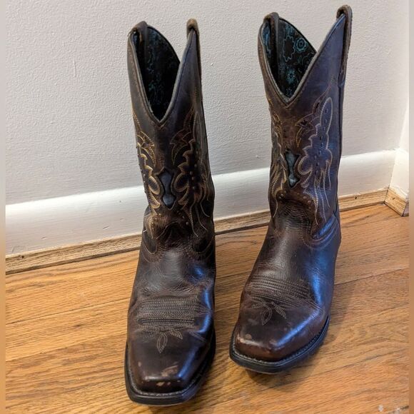 Loredo Western Brown Leather Cowboy Boots with Embroidered Design Square Toe - Picture 3 of 12